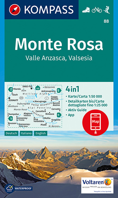 Carta escursionistica n. 88 - Monte Rosa, Valle Anzasca, Valsesia con guida 1:50.000. Ediz. italiana, tedesca e inglese