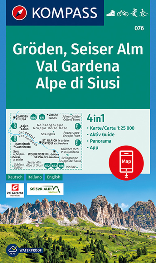 Carta escursionistica n. 076. Val Gardena, Alpe di Siusi 1:25.000 Ediz. italiana, tedesca e inglese