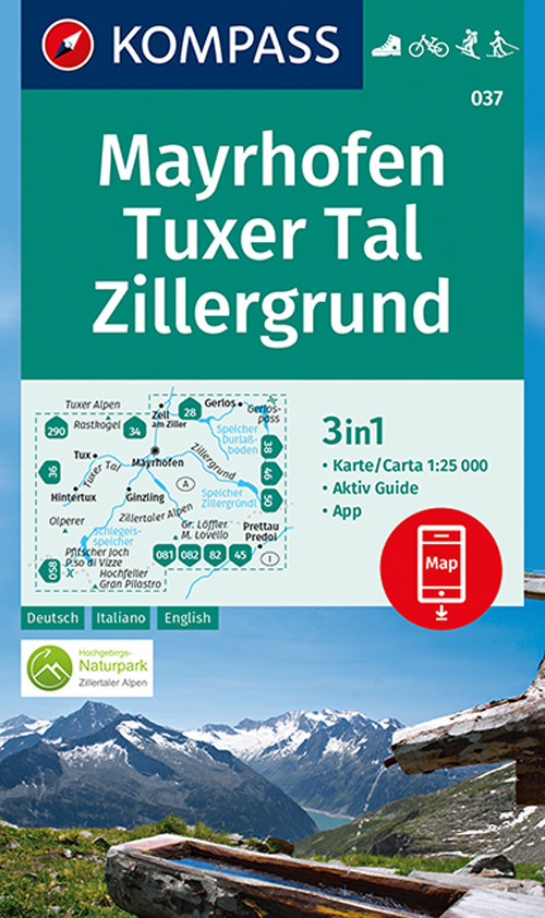 Carta escursionistica n. 037. Mayrhofen, Tuxer Tal, Zillergrund 1:25.000. Ediz. italiana, tedesca e inglese