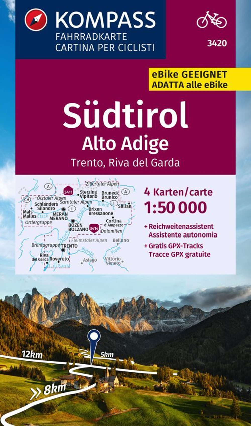 Carta ciclistica n. 3420. Alto Adige, Trento, Riva. Ediz. multilingue