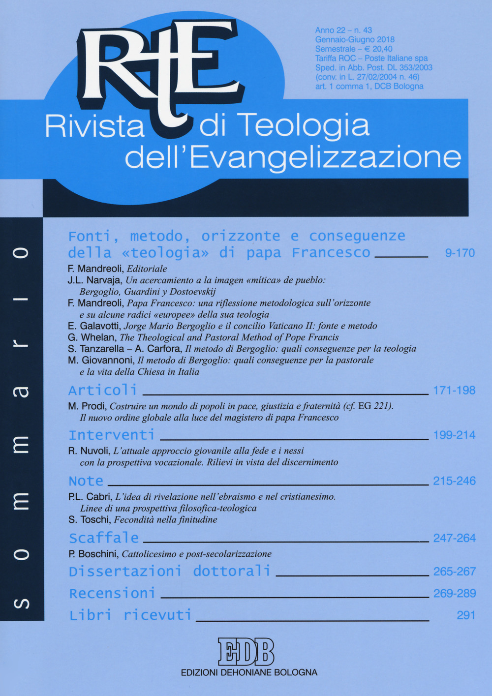 RTE Rivista di teologia dell'evangelizzazione (2018). Vol. 43