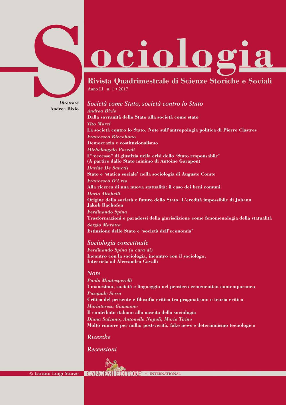 Sociologia. Rivista quadrimestrale di scienze storiche e sociali (2017). Vol. 1