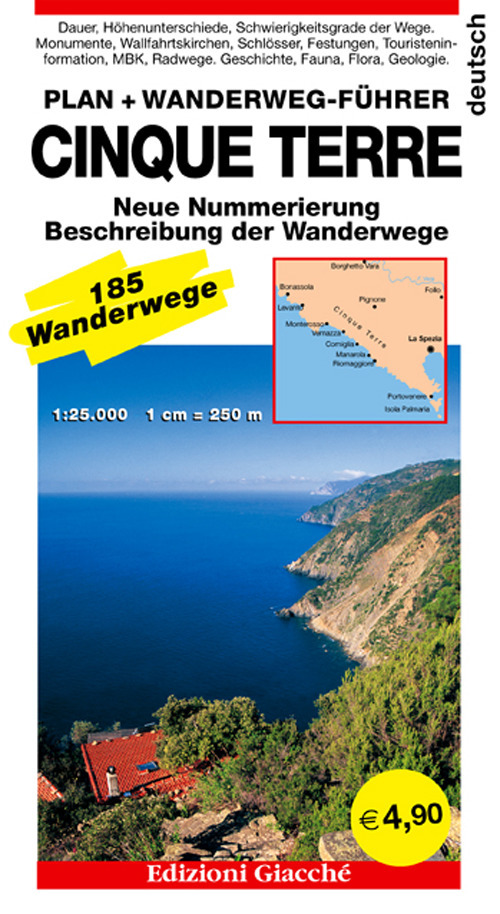 Cinque terre. Plan. Wanderweg-Führer. 185 Wanderwege, Maßtab 1:25.000