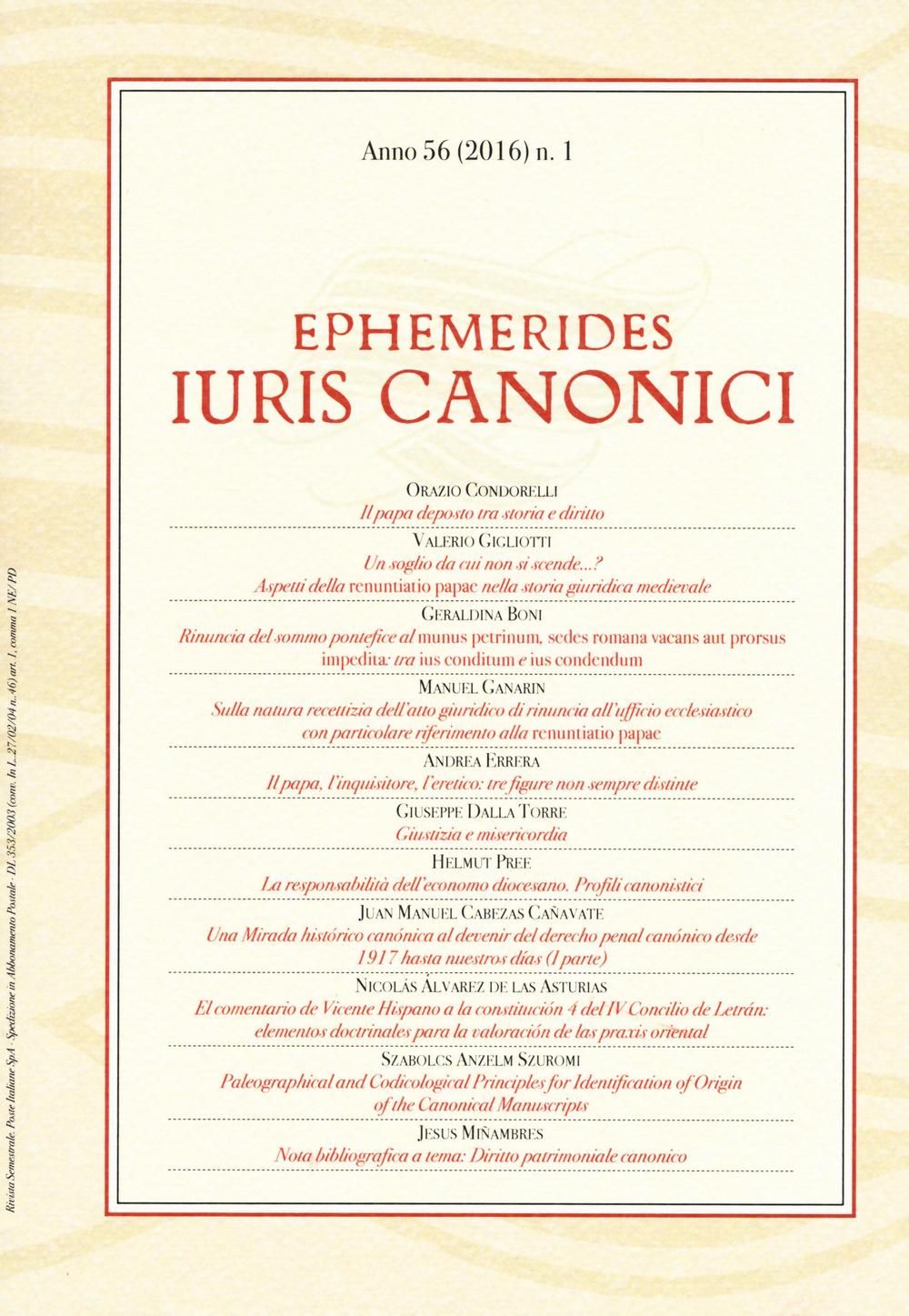 Ephemerides Iuris canonici (2016). Vol. 1