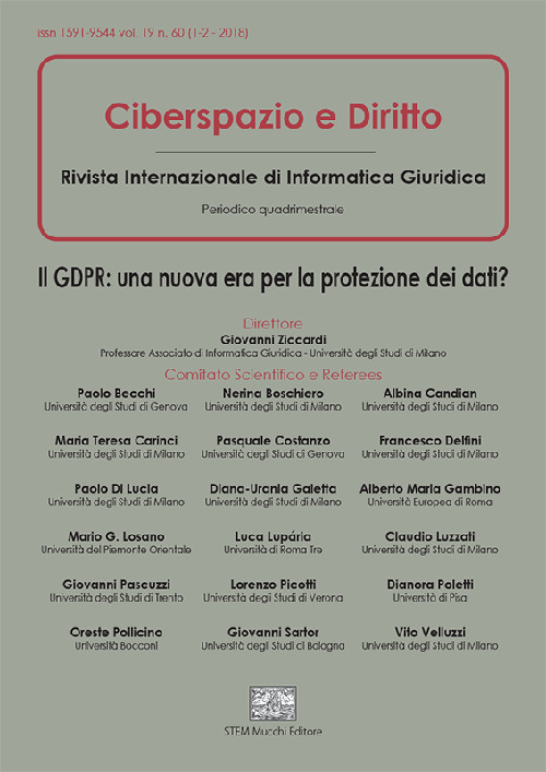 Ciberspazio e diritto. Il GDPR: una nuova era per la protezione dei dati? (2018). Vol. 1-2