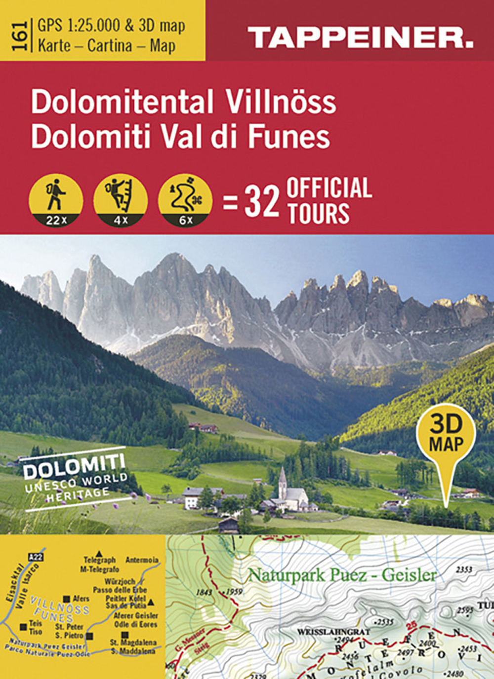 Dolomiti Val di Funes. Cartina topografica. Carta panoramica 3D