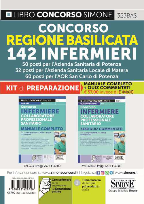 Concorso Regione Basilicata 142 Infermieri. Kit di preparazione. Manuale Completo + Quiz Commentati. 50 posti per l'Azienda Sanitaria di Potenza. 32 posti per l'Azienda Sanitaria Locale di Matera. 60 posti per l'AOR San Carlo di Potenza. Con software di s