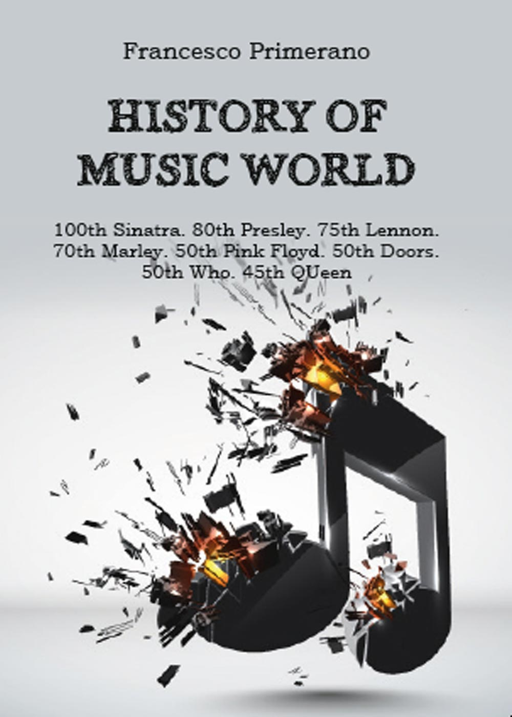 History of music world. 100th Sinatra. 80th Presley. 75th Lennon. 70th Marley. 50th Pink Floyd. 50th Doors. 50th Who. 45th Queen