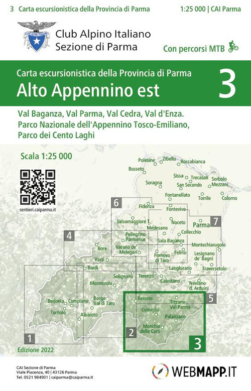 Alto Appennino est: Val Baganza, Val Parma, Val Cedra, Val d'Enza. Parco Nazionale dell'Appennino Tosco-Emiliano, Parco dei Cento Laghi 1:25.000. Ediz. integrale