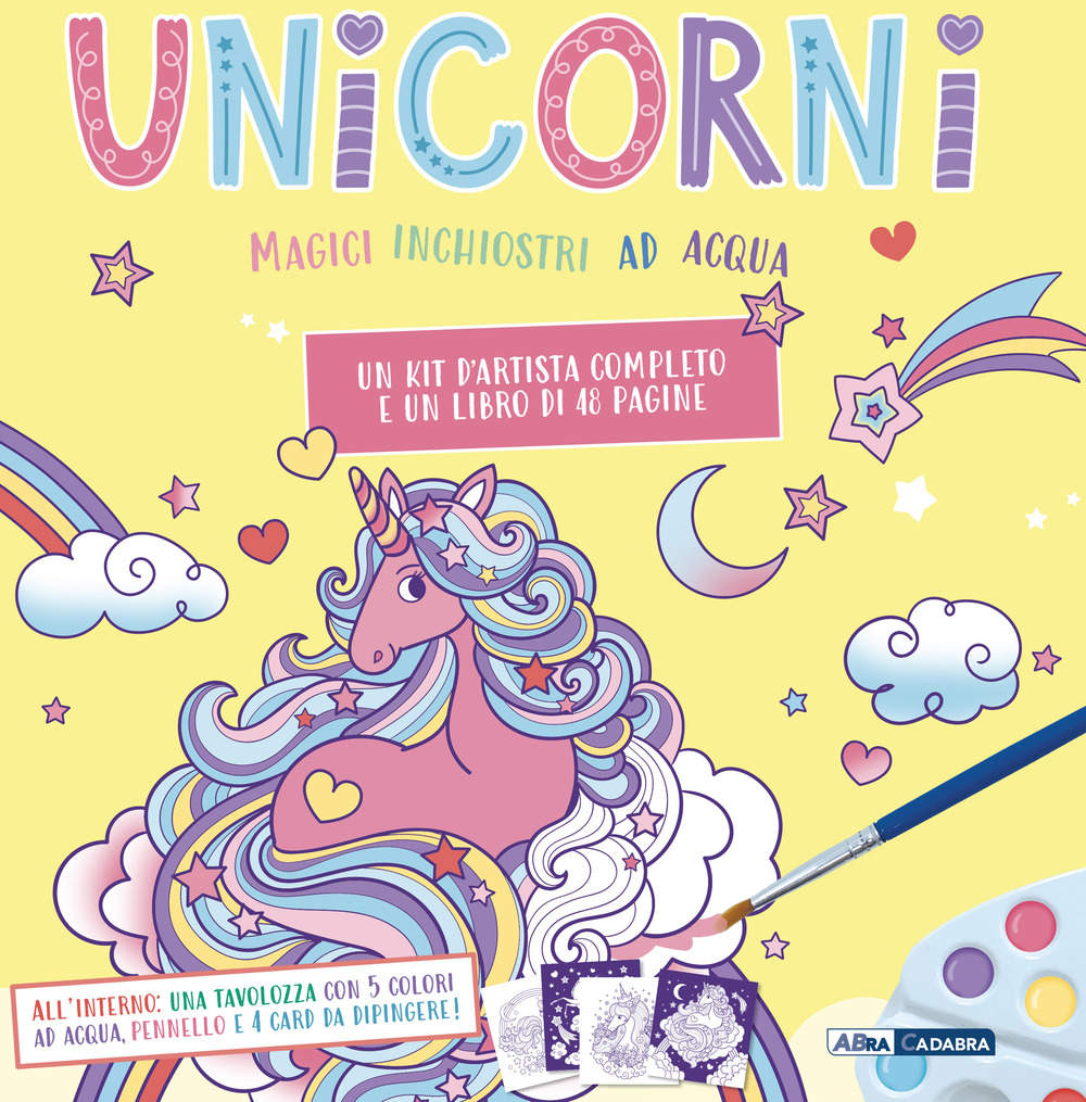 Unicorni. Magici inchiostri ad acqua. Scatola craft. Con 4 card da dipingere. Con pennello. Con tavolozza con 5 boccette di inchiostro